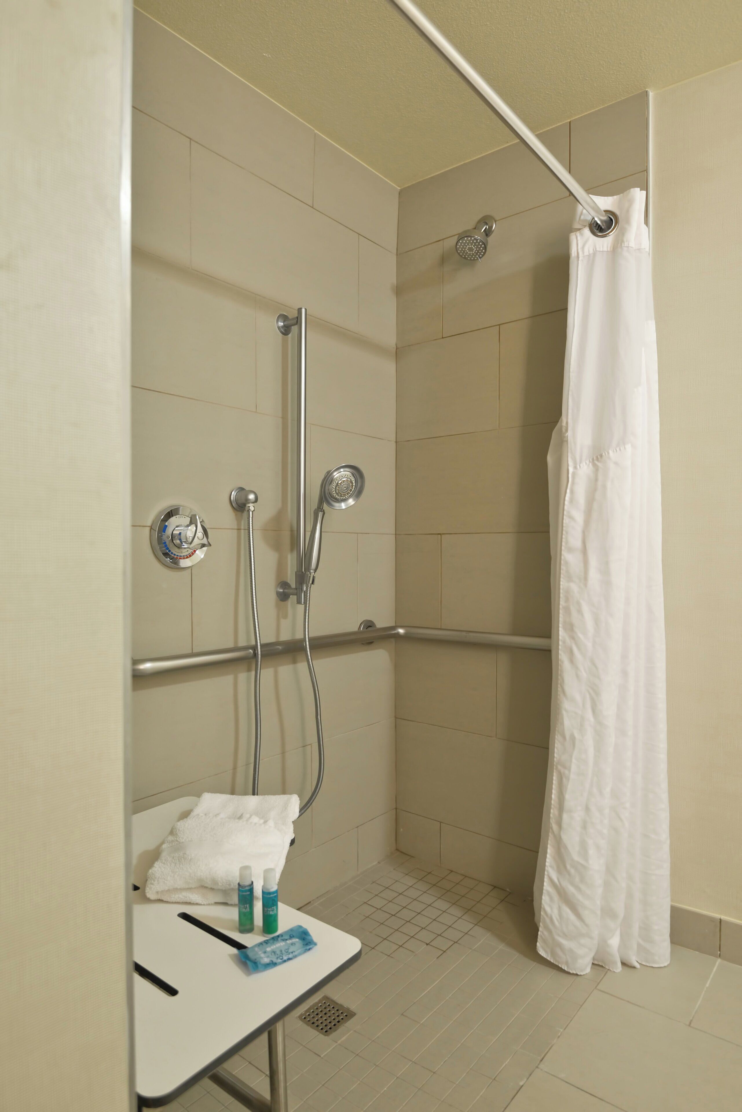 standard room, 1 queen bed, roll-in shower (communications accessible) | bathroom | combined shower/bathtub, hair dryer, towels