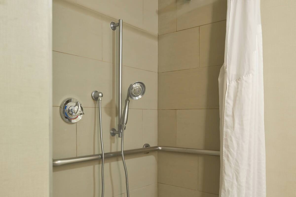 standard room, 1 queen bed, roll-in shower (communications accessible) | bathroom | combined shower/bathtub, hair dryer, towels