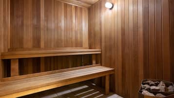 A sauna with wooden benches and a tiled floor.