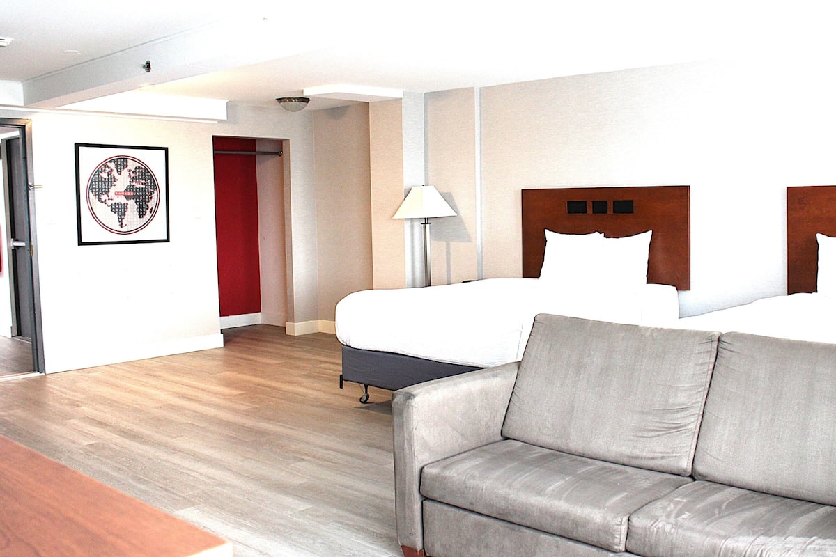 Suite, 2 Queen Beds, Non Smoking (Stair Access Only) | Desk, laptop workspace, blackout drapes, iron/ironing board