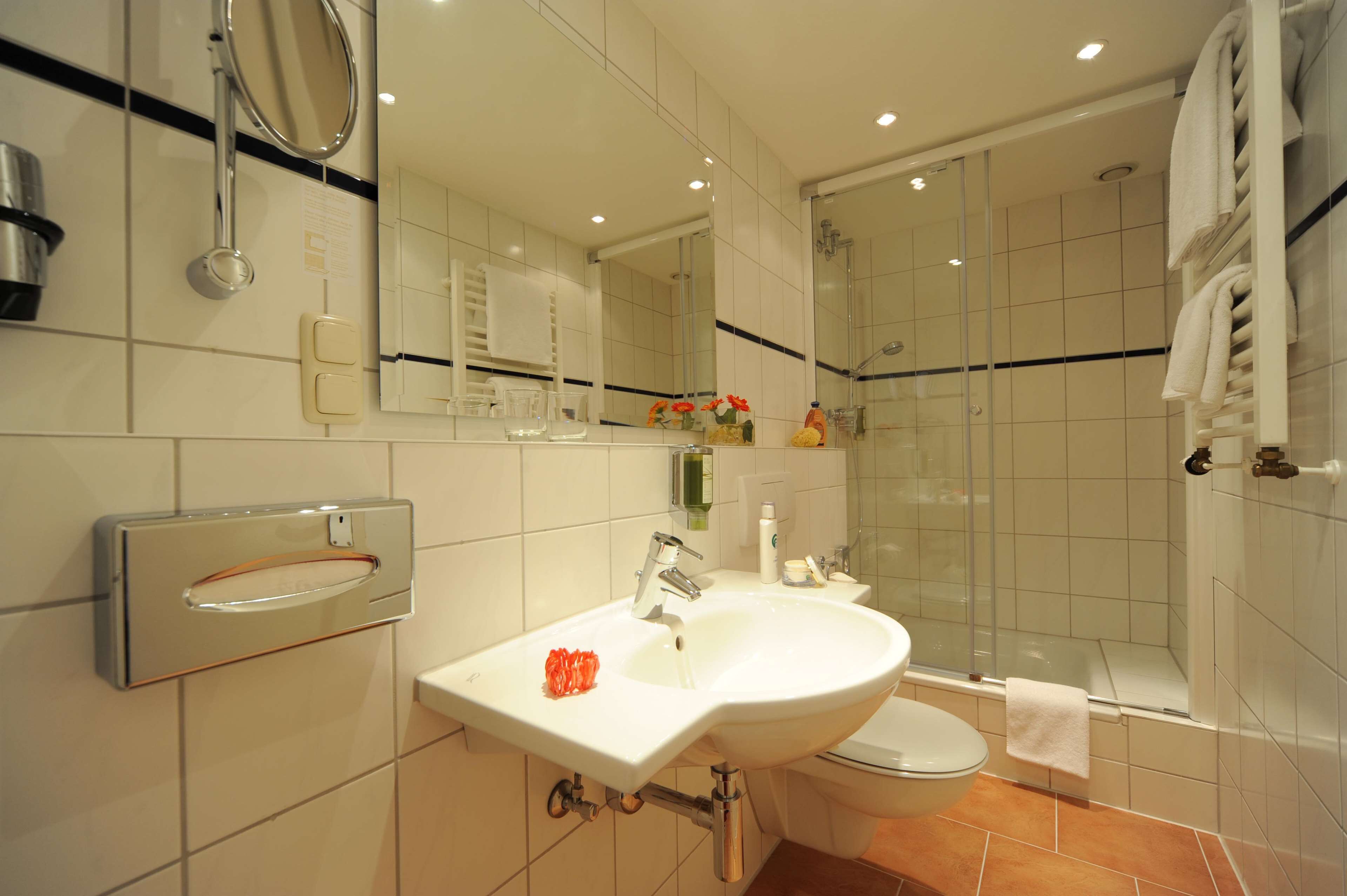 hydromassage showerhead, hair dryer, towels