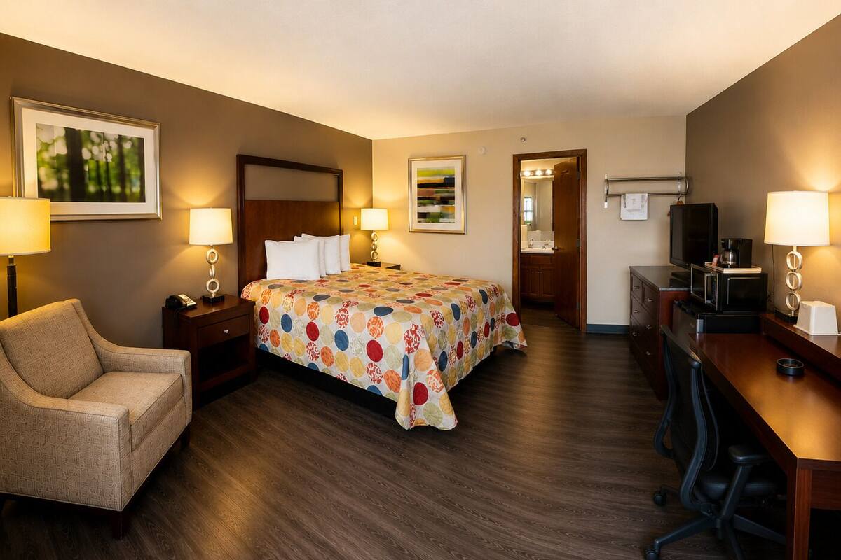 A hotel room with a bed, a desk, a chair, and a television.