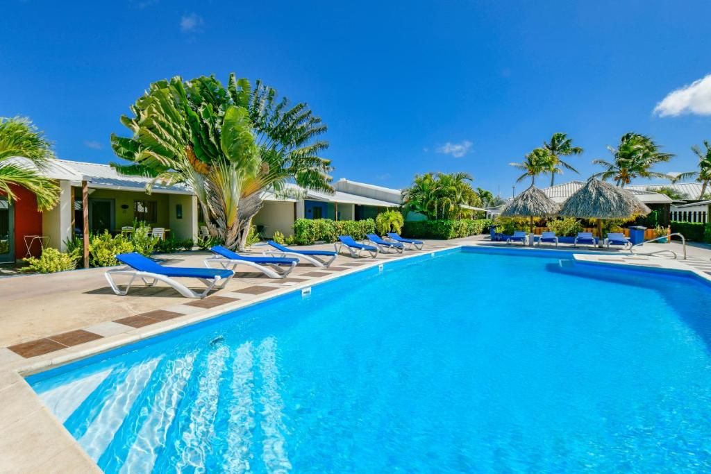 Una piscina con lettini, palme e un cielo azzurro limpido.