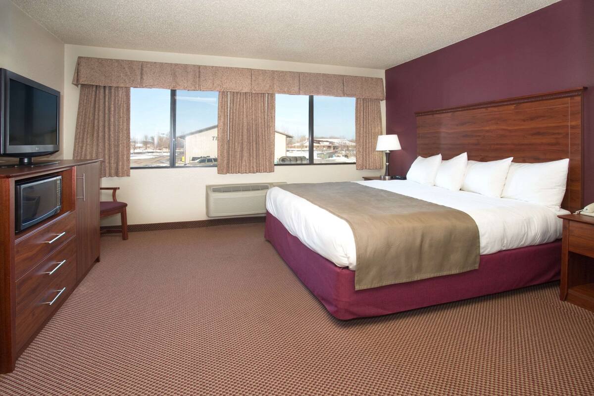 Hotelkamer met een groot bed, een televisie, een bureau en een raam met gordijnen.