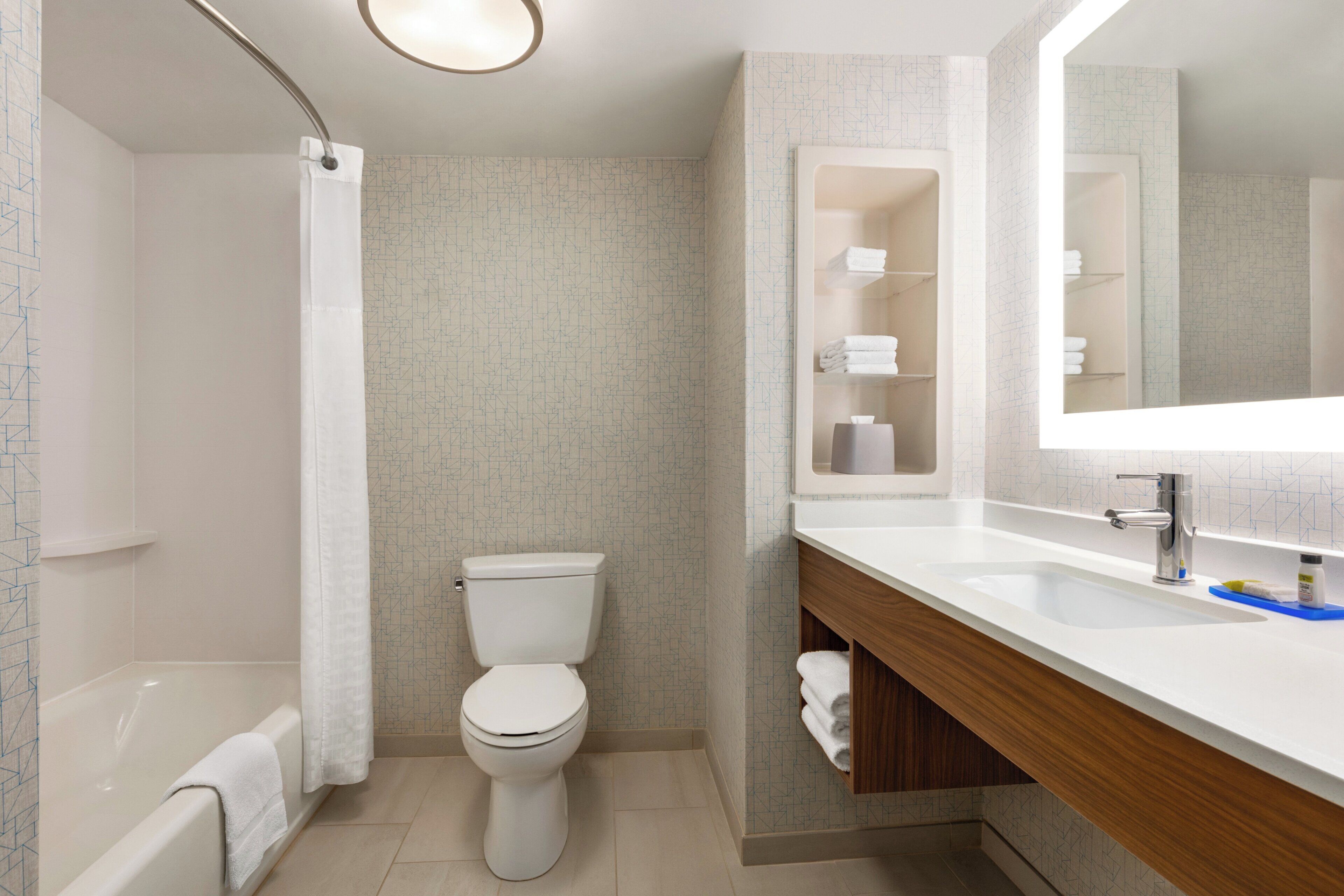 A modern bathroom with a shower, toilet, sink, and mirror.
