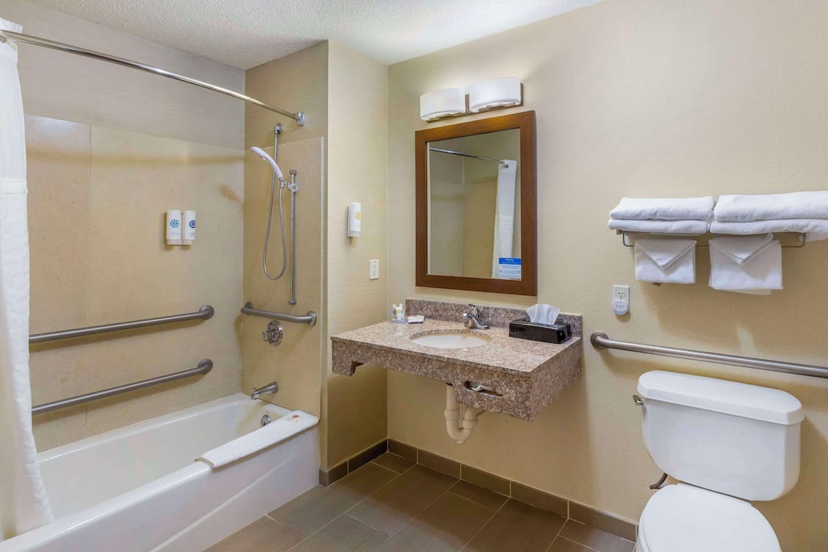 standard room, 1 queen bed, accessible, non smoking | bathroom | combined shower/bathtub, hair dryer, towels, soap