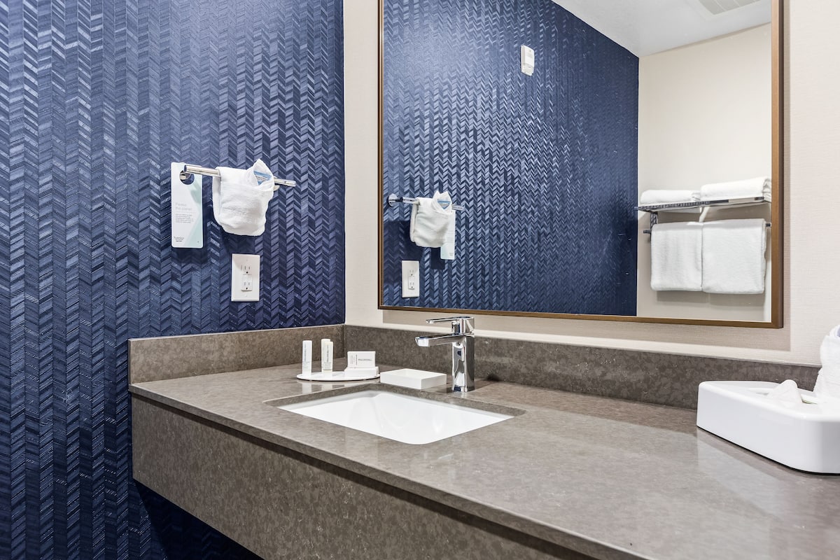 free toiletries, hair dryer, towels