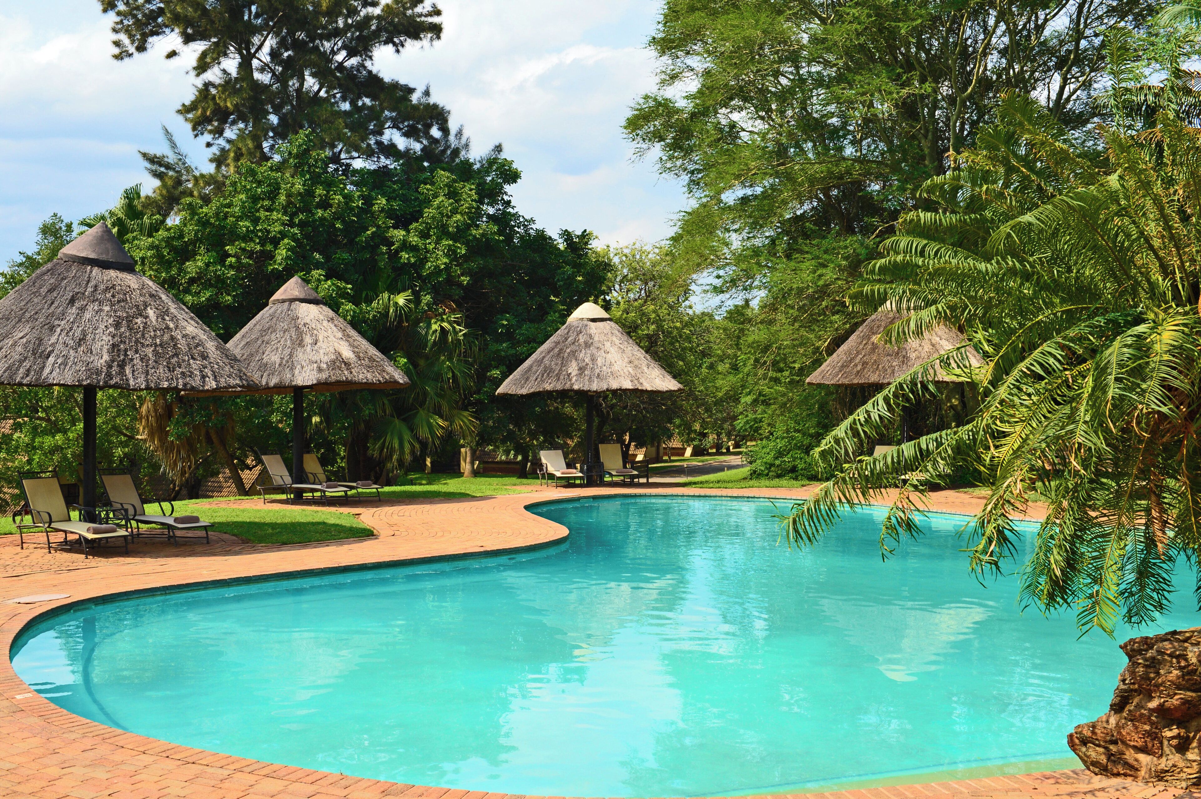 Piscine extérieure, chaises longues