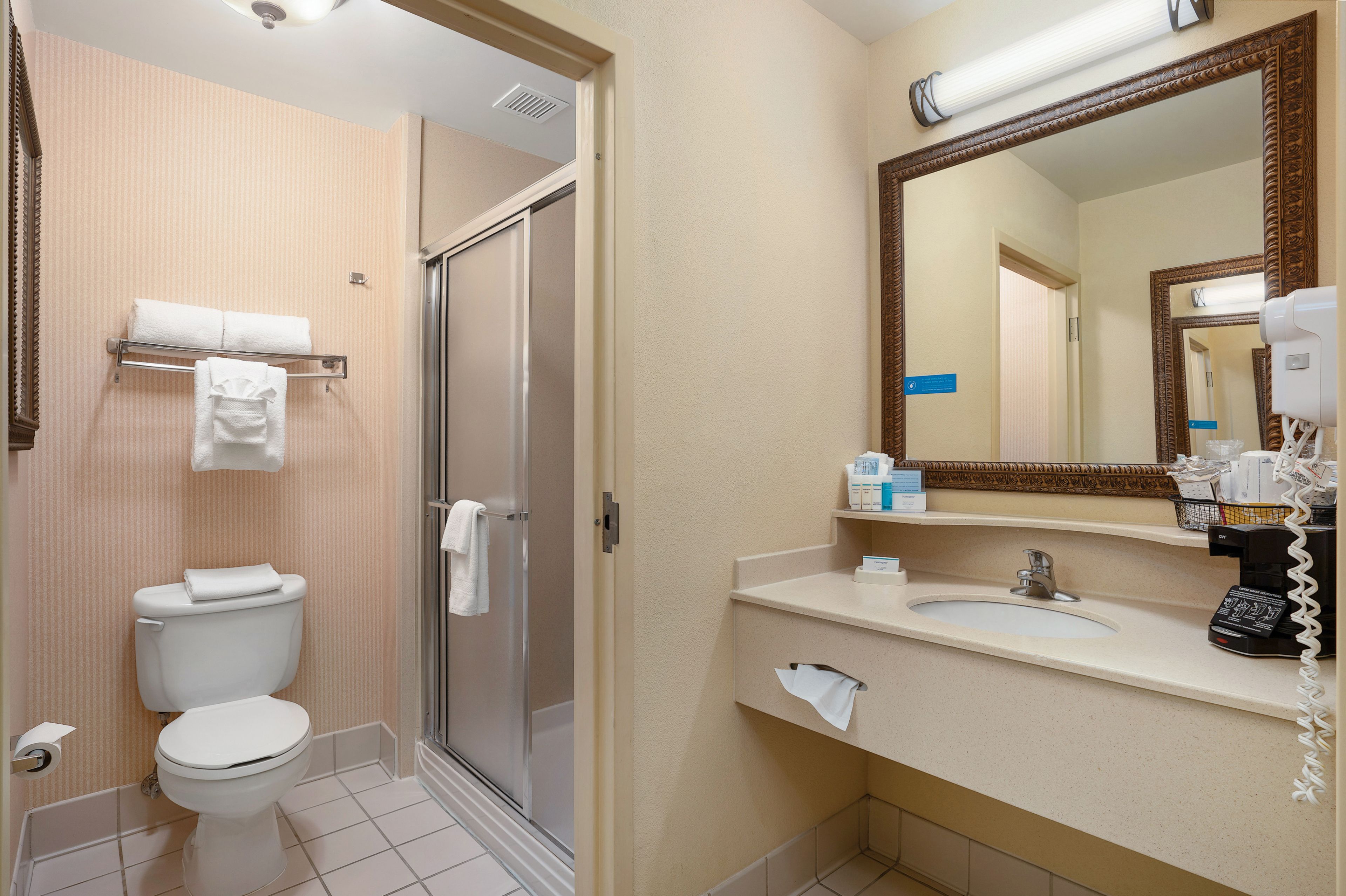 free toiletries, hair dryer, towels