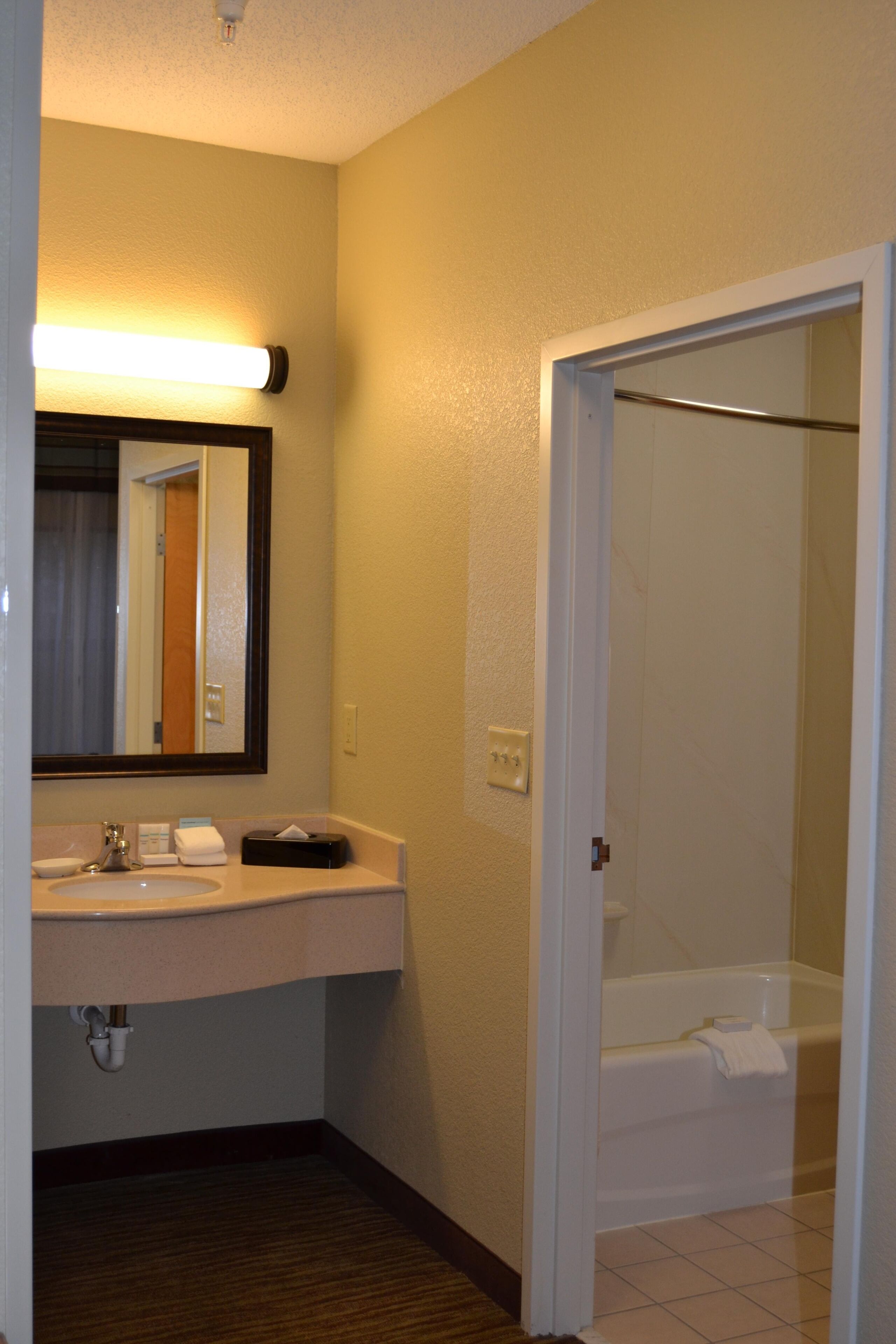 Combined shower/bathtub, free toiletries, hair dryer, towels