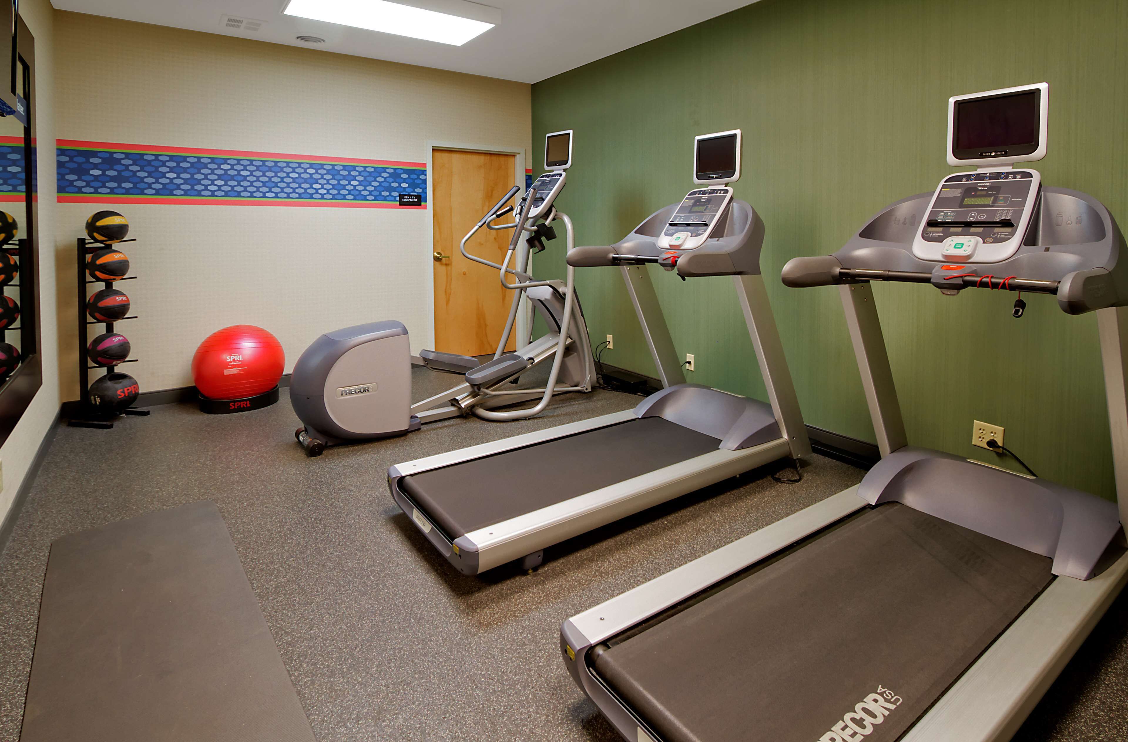 A fitness room with treadmills, an elliptical, and a set of exercise balls.