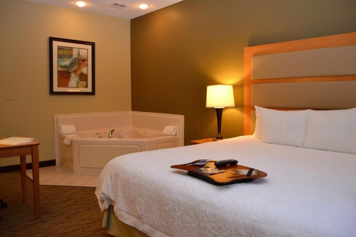 A hotel room with a bed, a bathtub, a lamp, and a framed picture on the wall.
