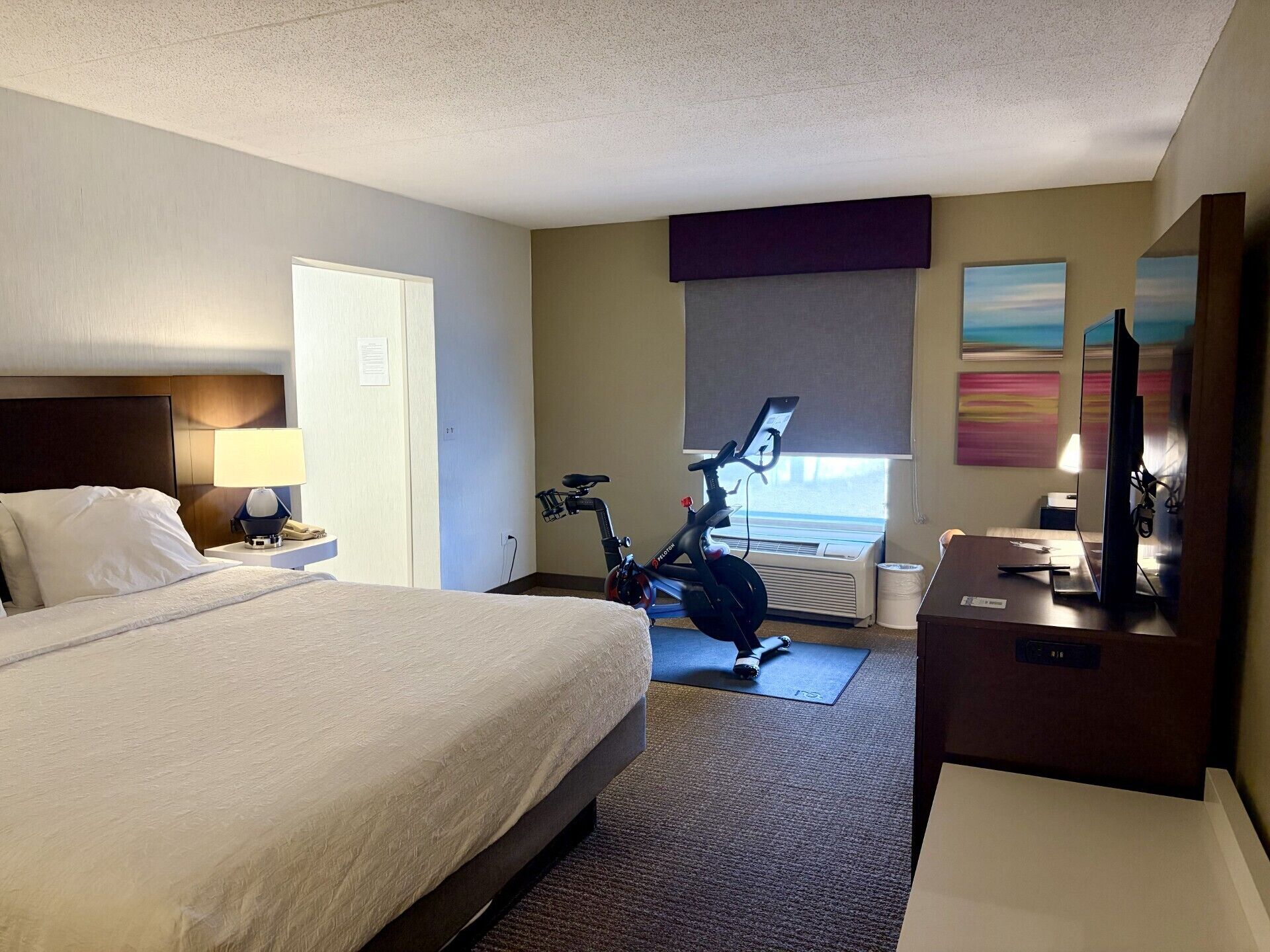 Kamar, 1 Tempat Tidur King (Peloton Bike) | Ruang kerja ramah laptop, tirai kedap cahaya, dan setrika/meja setrika