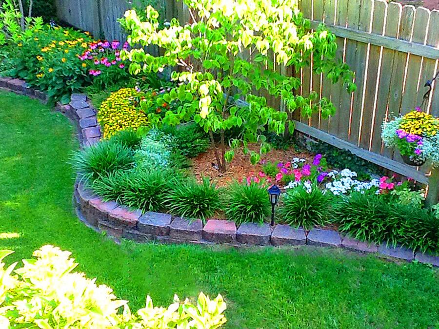 Un jardín con diversas flores y plantas, una valla de madera y un borde de piedra.