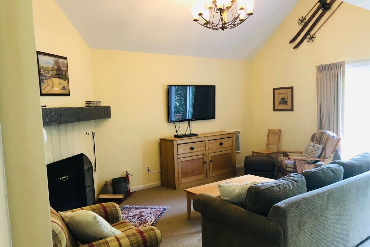 Uma sala de estar com lareira, televisão, sofá e uma poltrona.