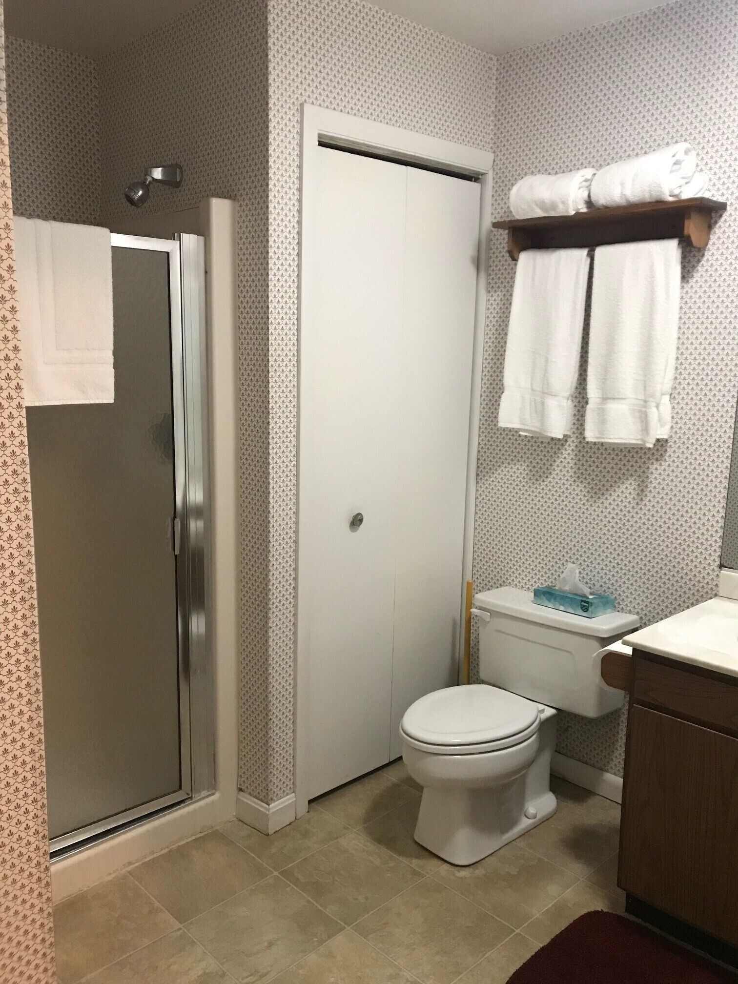A bathroom with a shower, toilet, and sink.