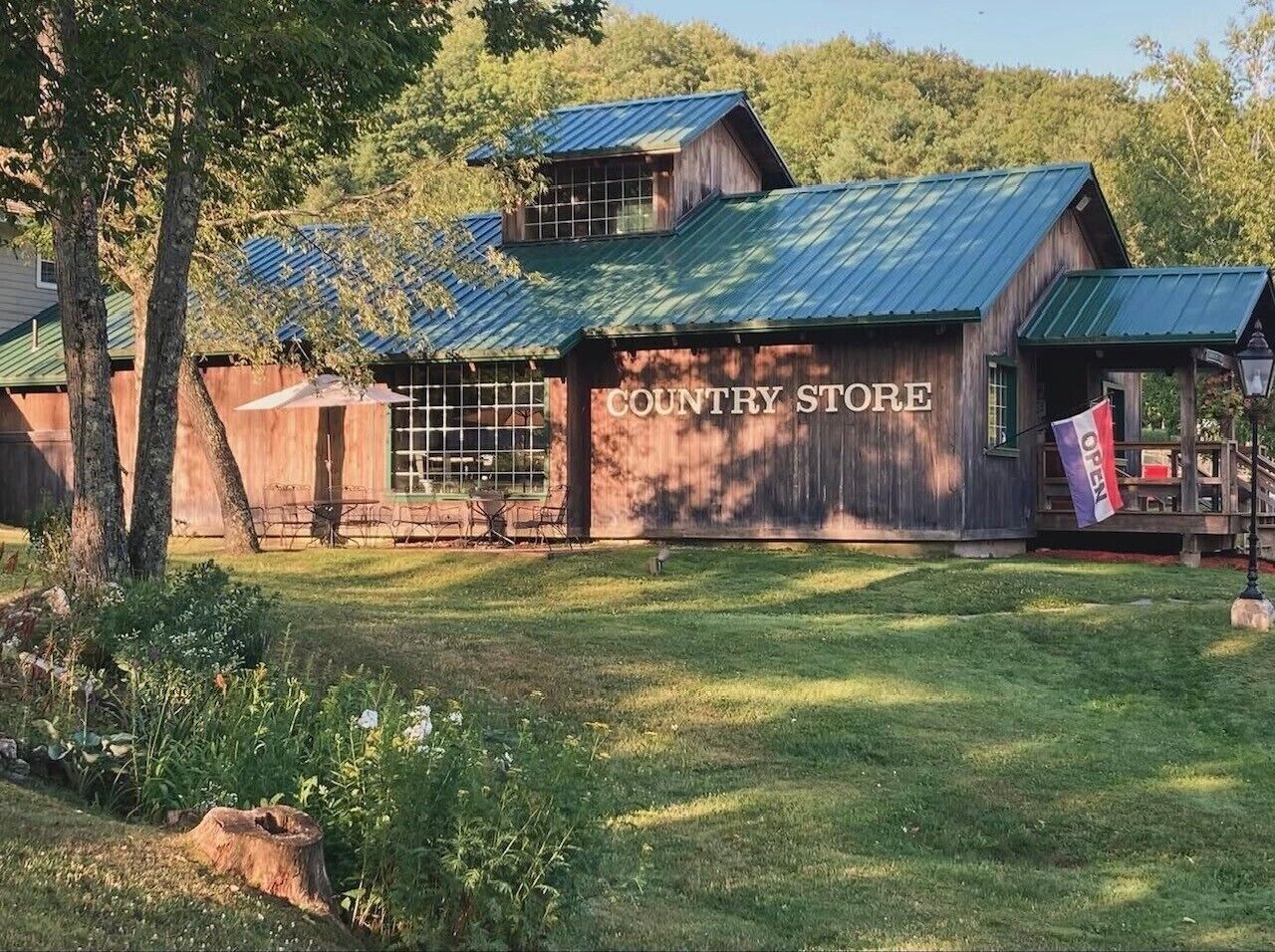 Una tienda de campo rústica con techo de metal verde, paredes de madera y un cartel que dice 'COUNTRY STORE'.