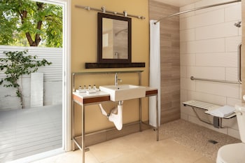 Deluxe Room, 1 King Bed | Bathroom | Designer toiletries, hair dryer, bathrobes, towels at Movie Colony Hotel - Adults Only