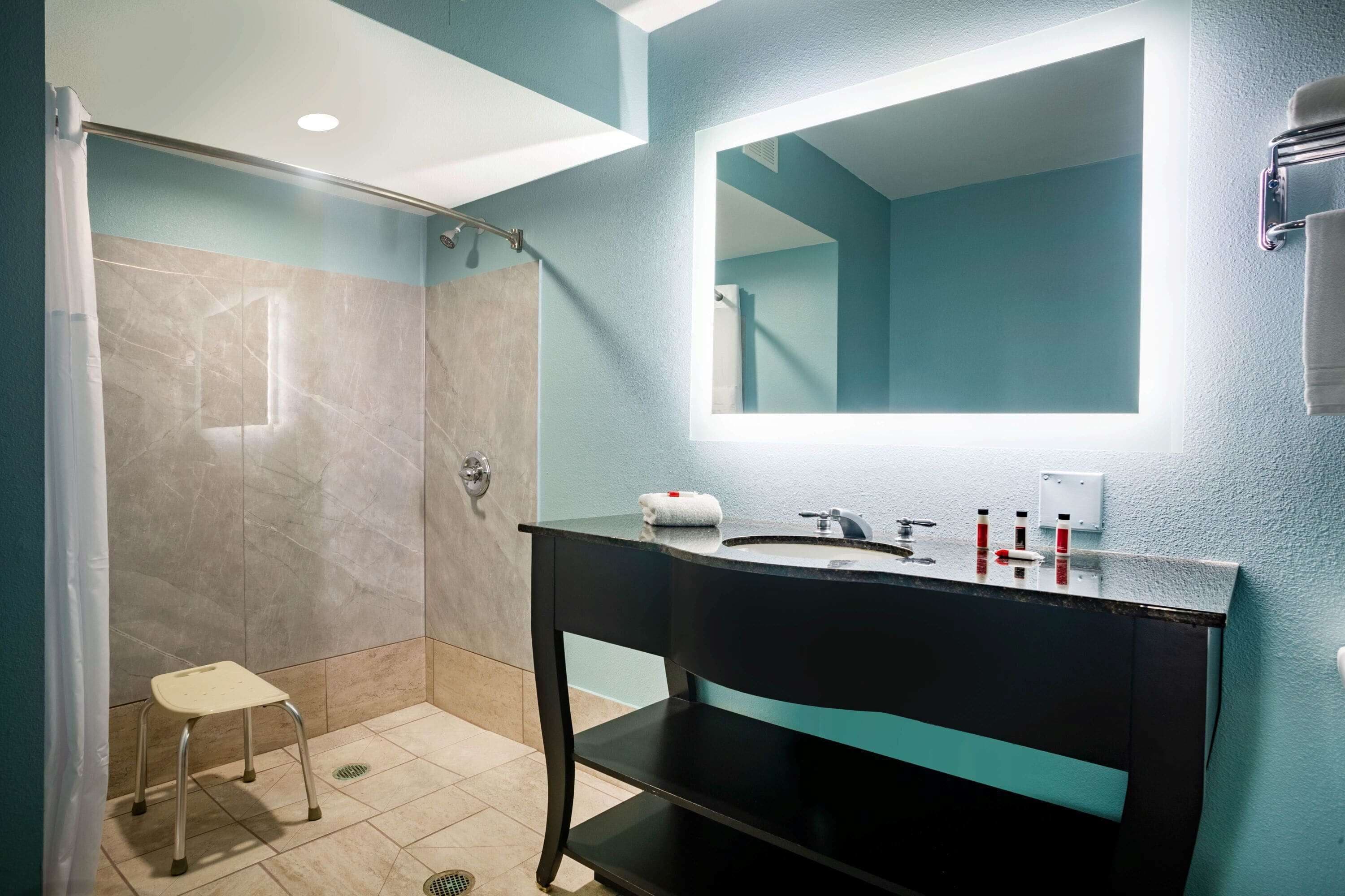 ห้องพัก, เตียงควีนไซส์ 2 เตียง, พร้อมสิ่งอำนวยความสะดวกสำหรับผู้พิการ, ปลอดบุหรี่ (Mobility) | ห้องอาบน้ำ