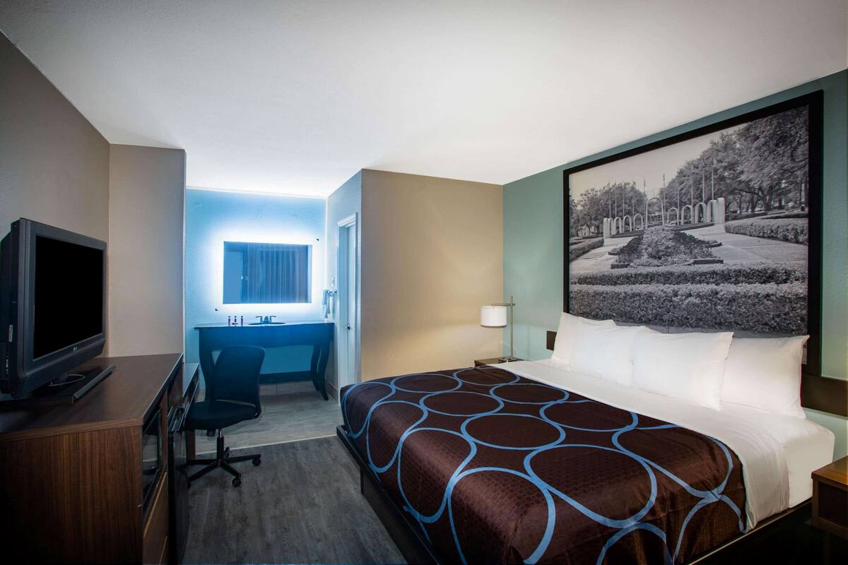 A hotel room with a bed, a desk, a chair, a television, and a large framed picture on the wall.