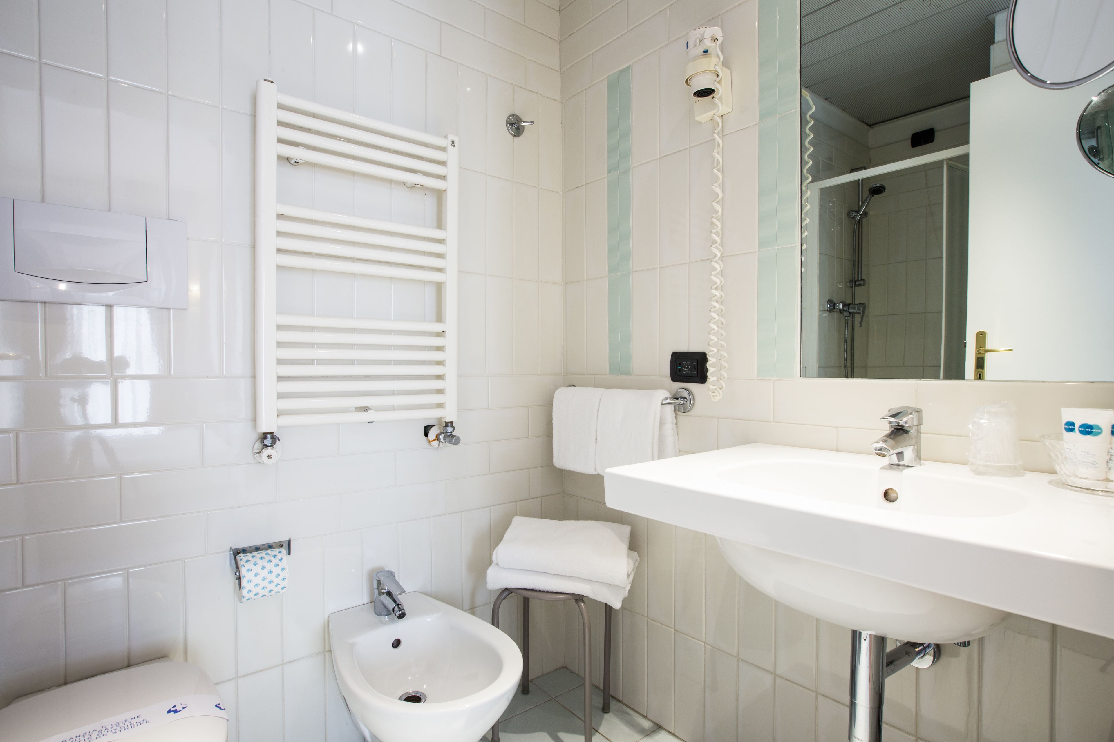 A bathroom with a white sink, a bidet, a towel rack, and a shower area.