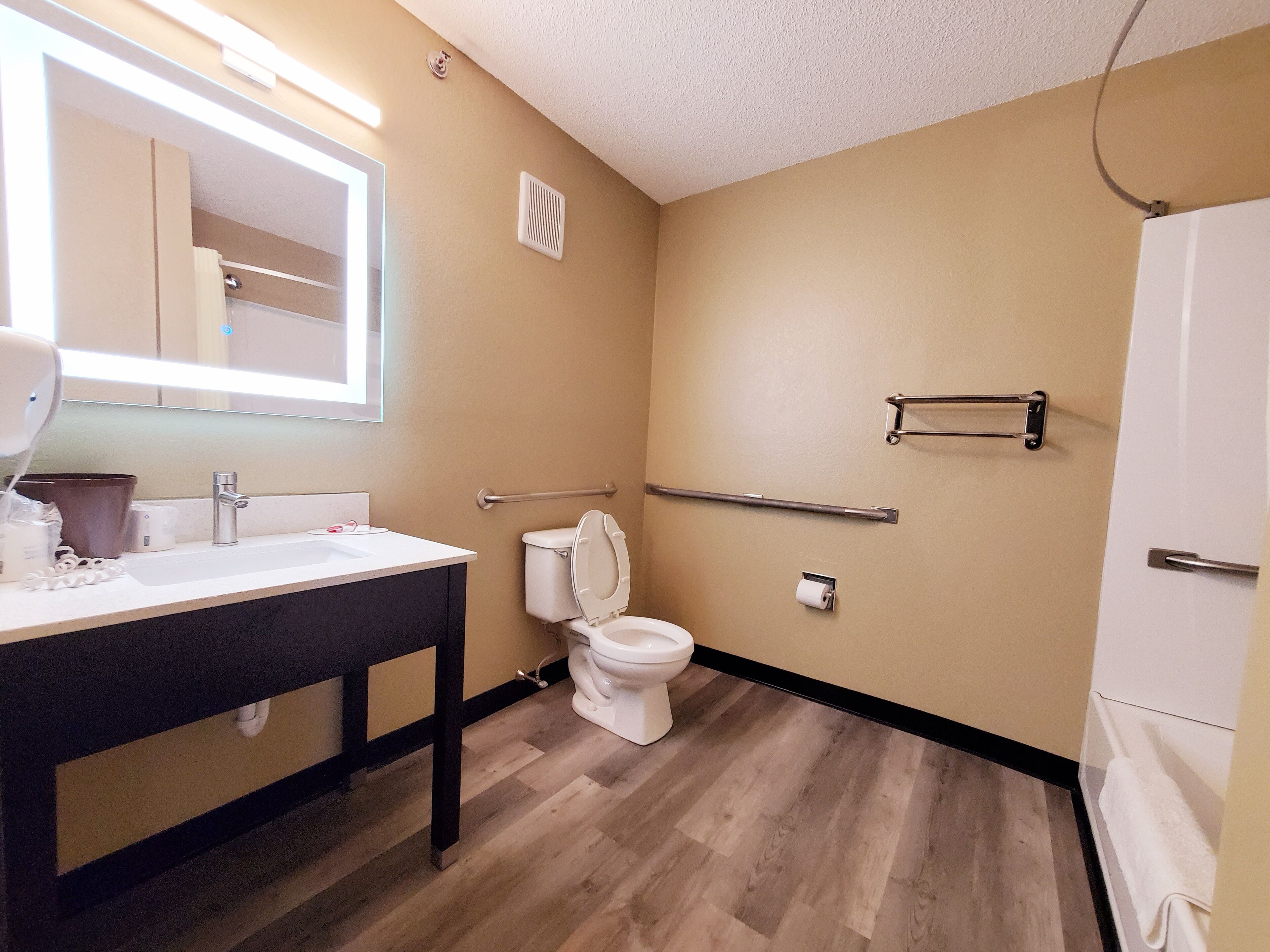 A bathroom with a sink, toilet, and a mirror.