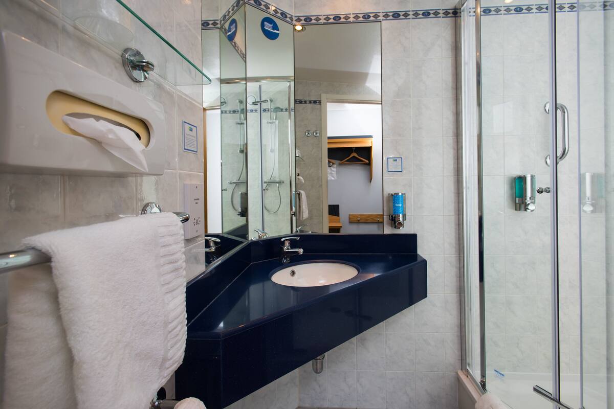 shower, free toiletries, hair dryer, towels