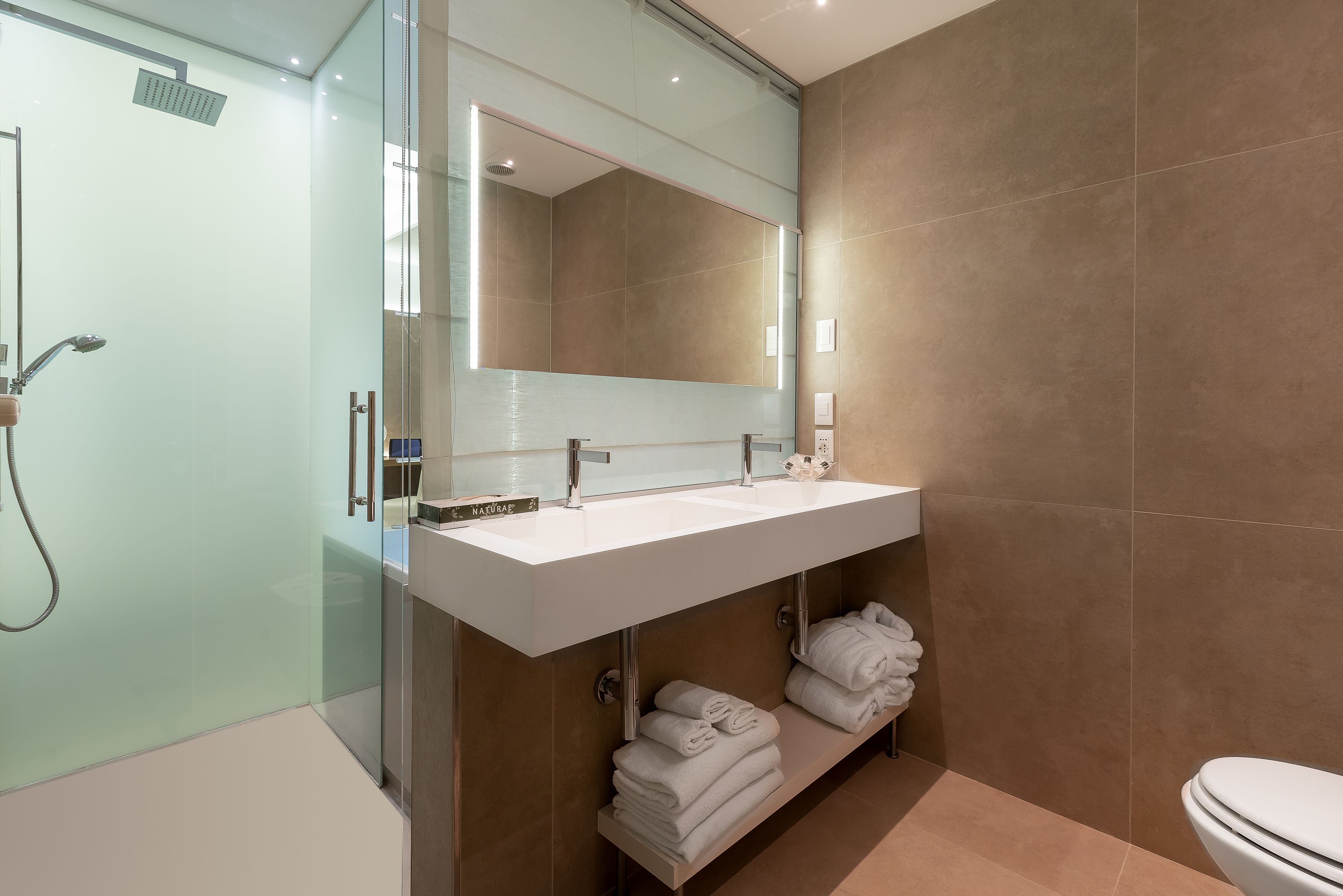 A modern bathroom with a glass shower enclosure, a large mirror above a white vanity, and a toilet.