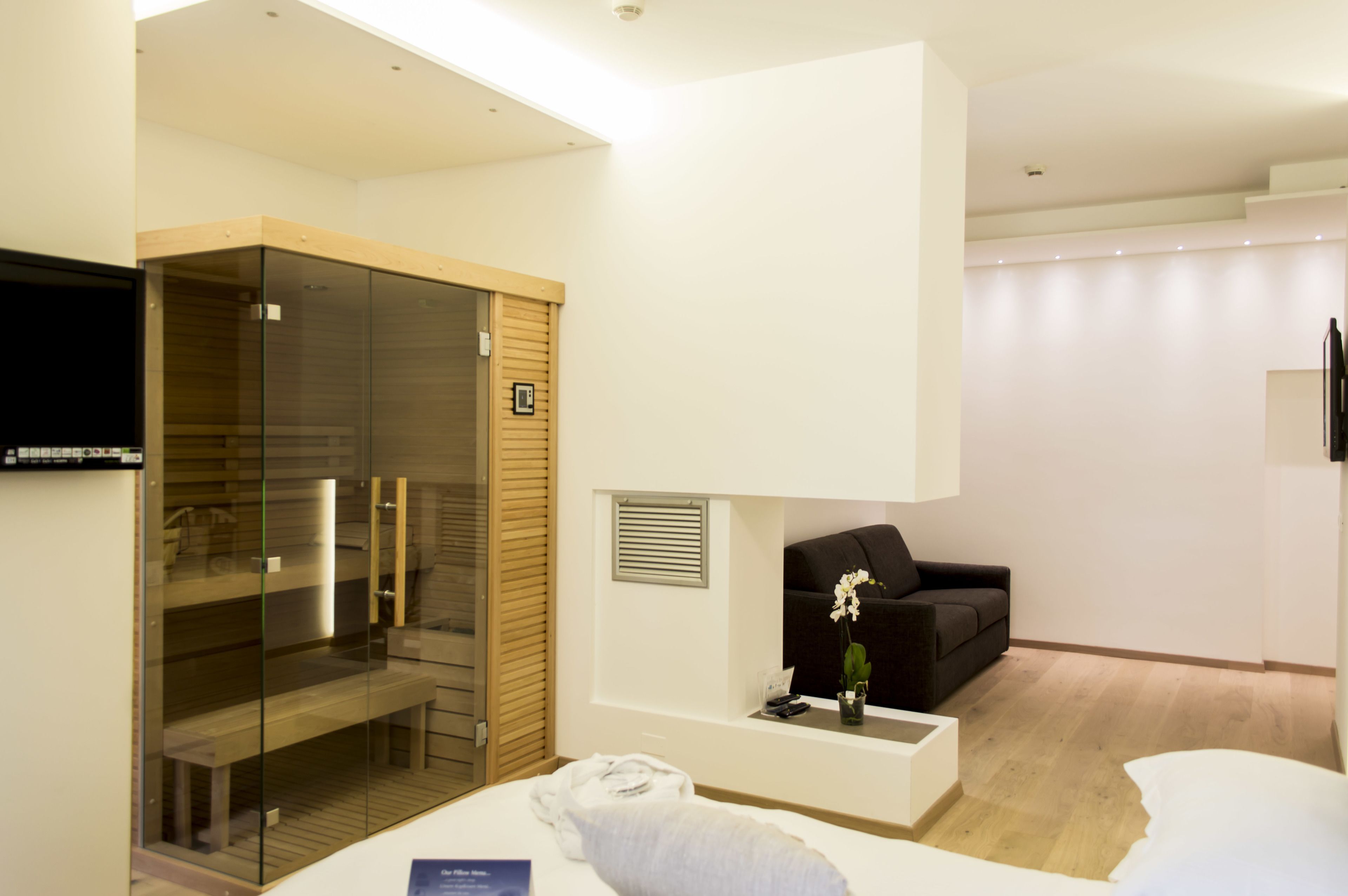 A modern hotel room with a glass-enclosed shower, a sofa, and a flat-screen TV.