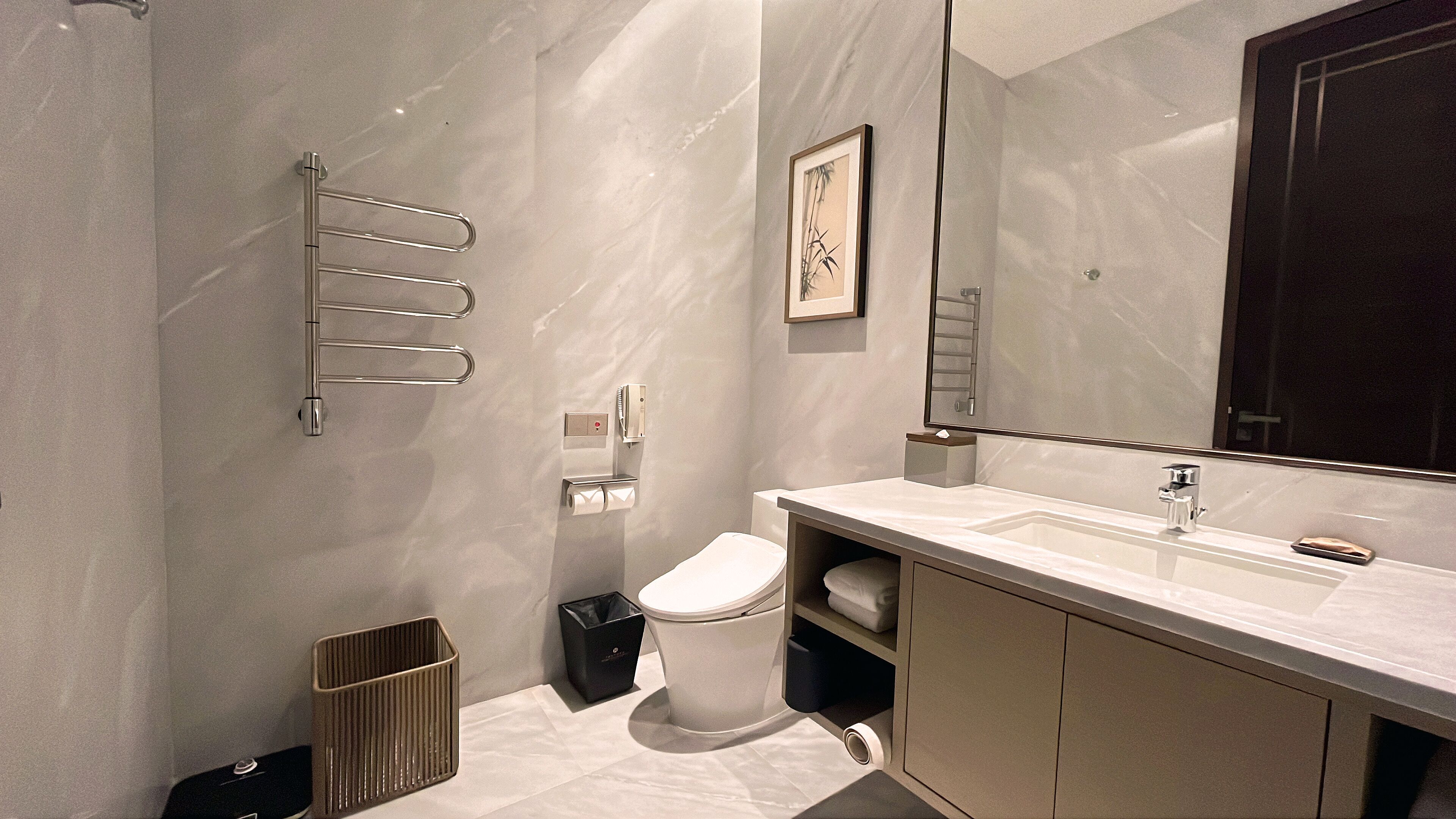 A modern bathroom with a white toilet, a sink with a mirror, and a towel rack.