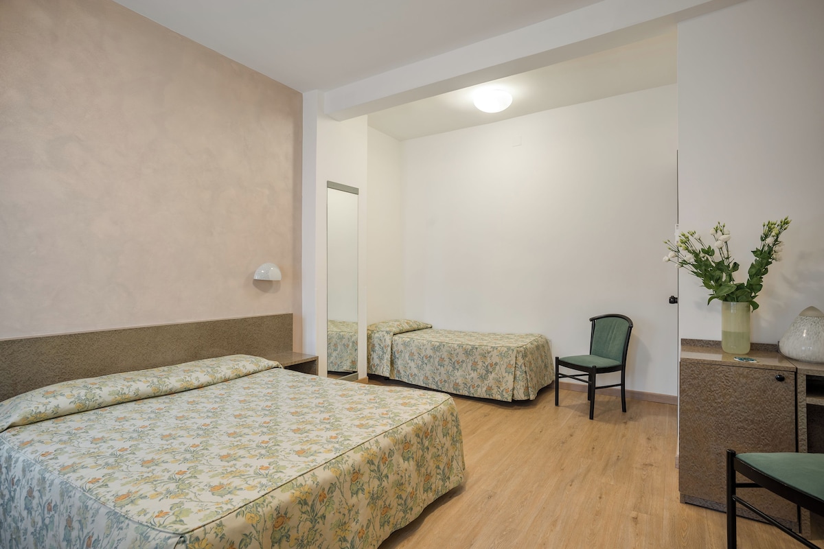 A hotel room with two single beds, a desk, a chair, and a potted plant.