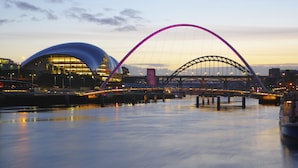 A bridge with a distinctive arch over a body of water, likely a river, with a modern building on the left side.