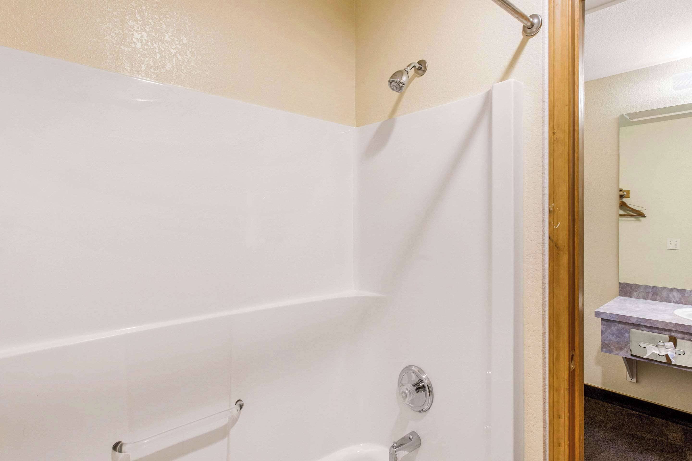 A bathroom with a shower, a toilet, and a sink with a mirror.