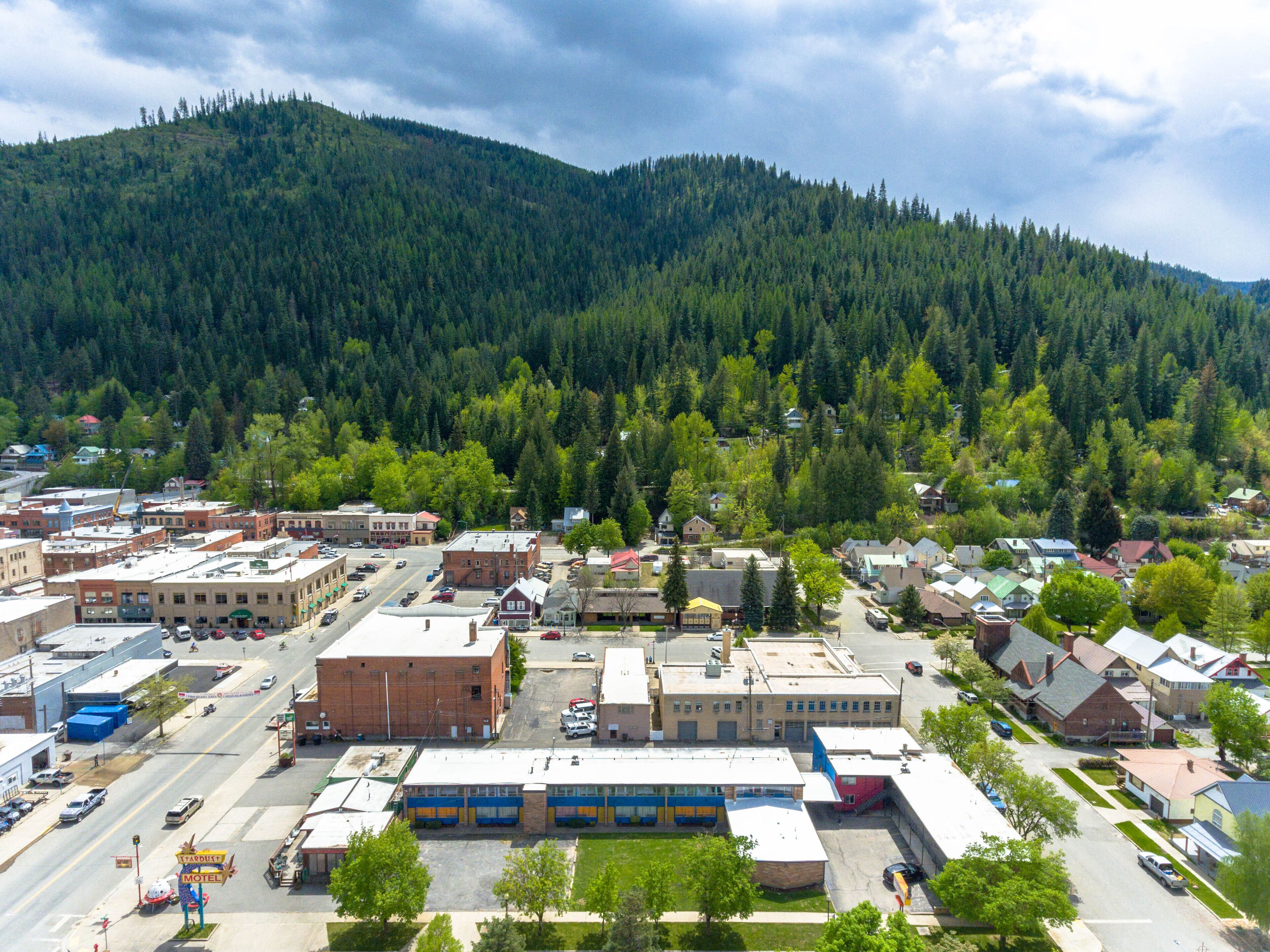 Une ville où se côtoient des bâtiments commerciaux et résidentiels, un hôtel de renom et, en arrière-plan, une montagne boisée.