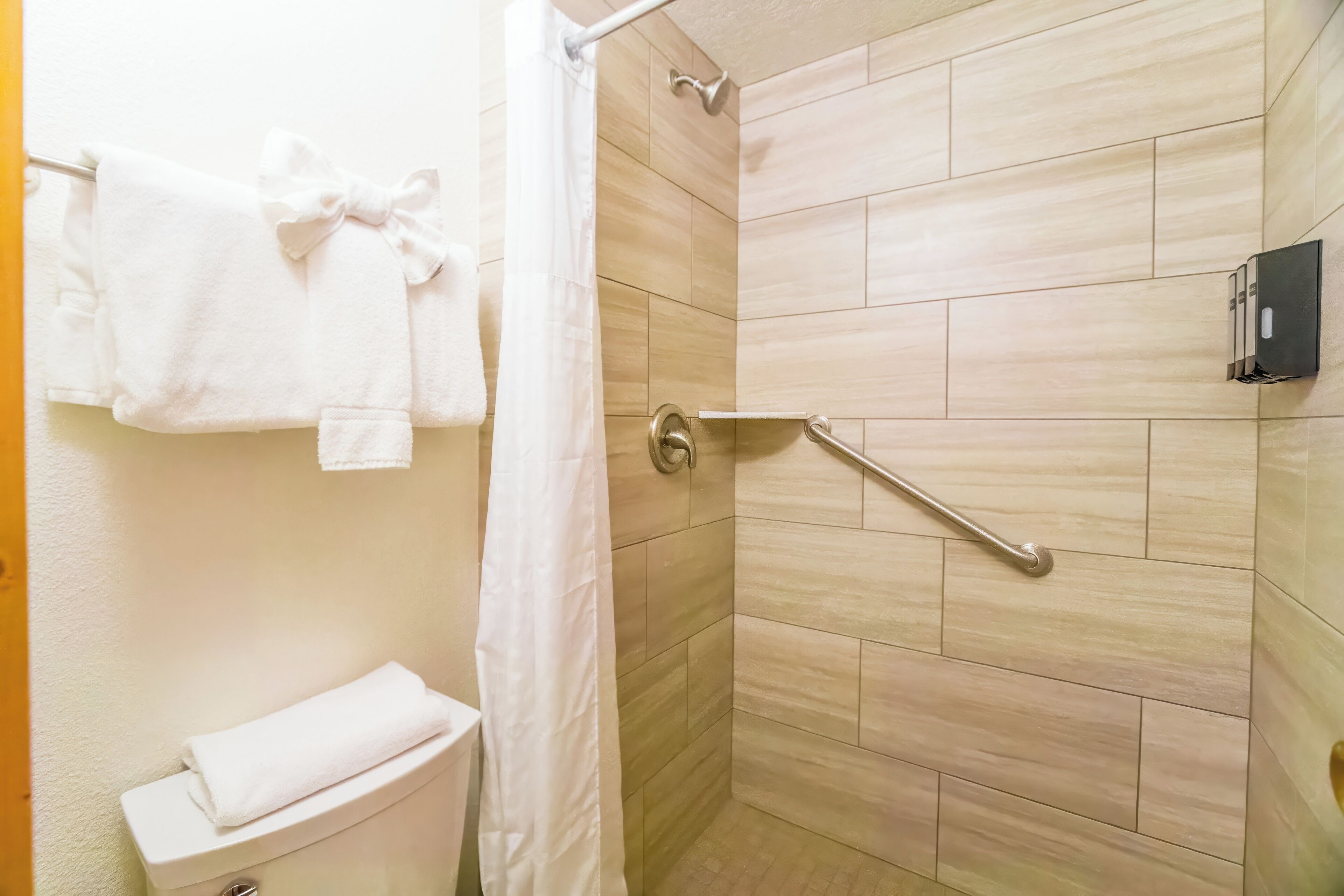 A bathroom with a shower, toilet, and towel rack.