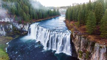 A waterfall cascading down a rocky cliff surrounded by dense forest.