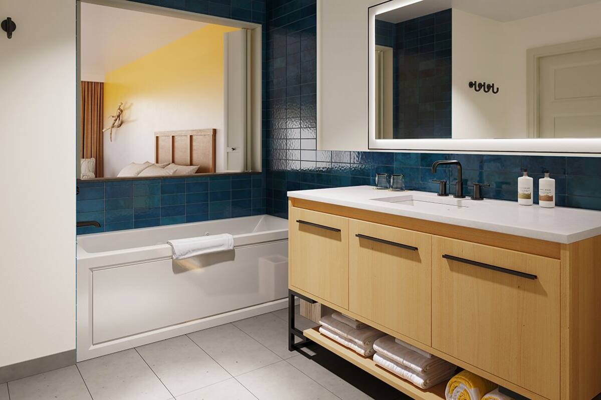 combined shower/bathtub, designer toiletries, hair dryer, towels