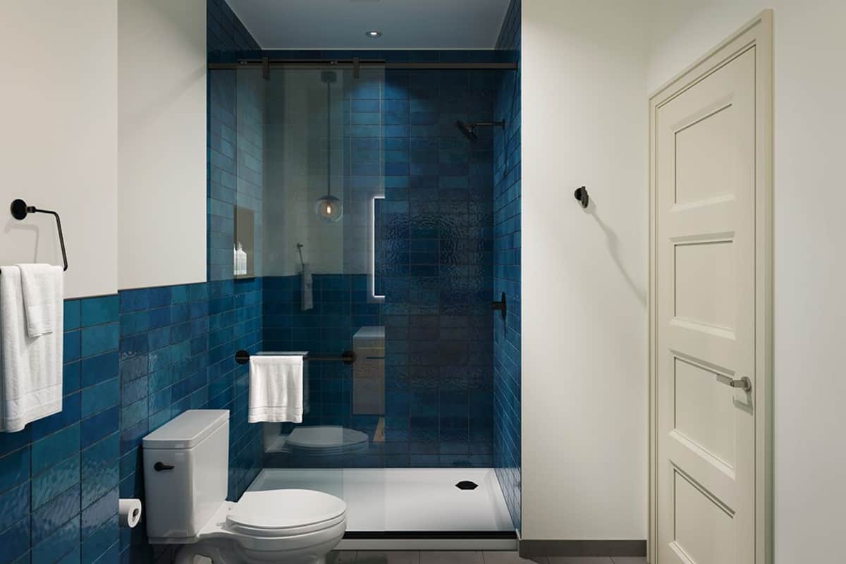 combined shower/bathtub, designer toiletries, hair dryer, towels