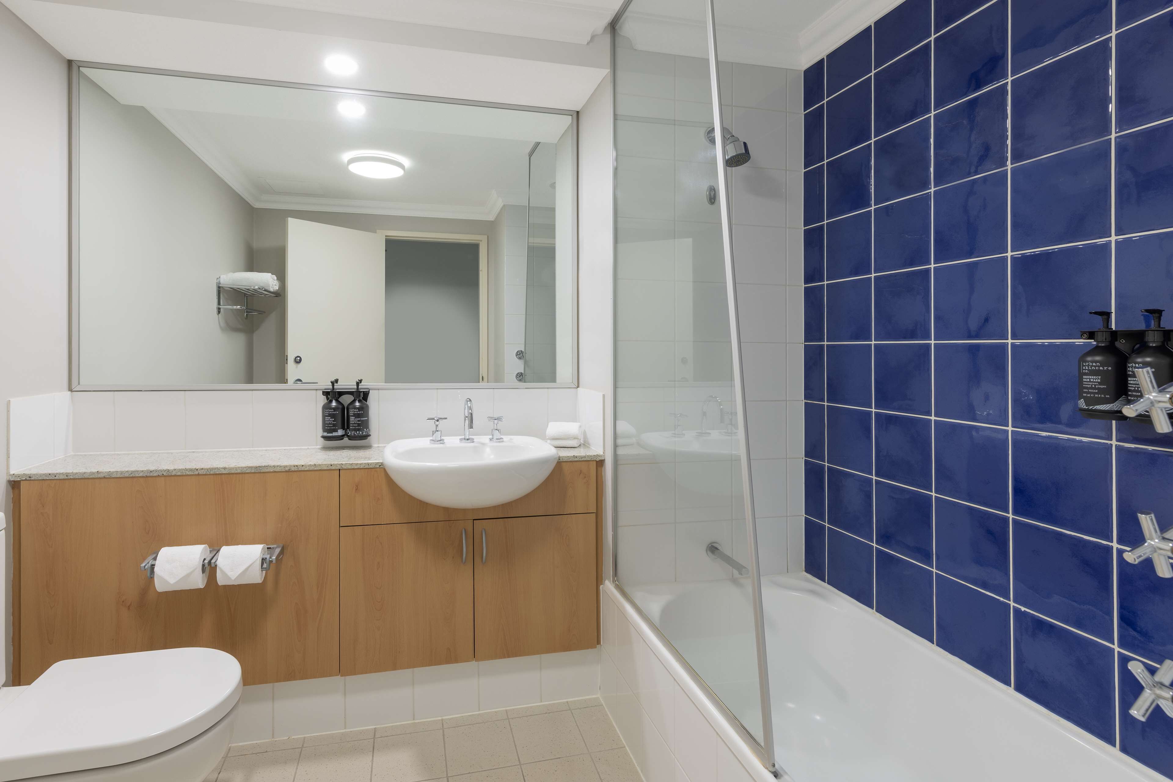 combined shower/bathtub, free toiletries, hair dryer, towels