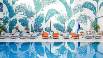 Outdoor pool, pool umbrellas, pool loungers