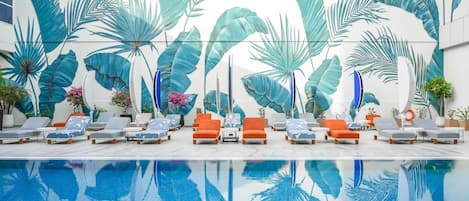 Outdoor pool, pool umbrellas, pool loungers