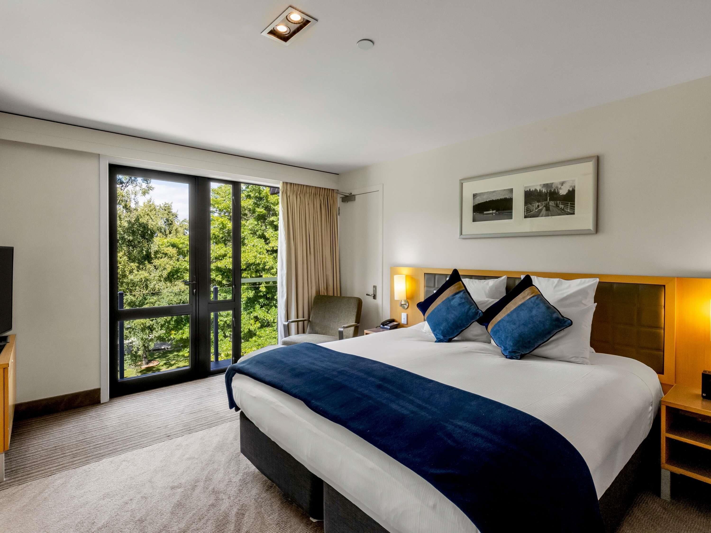 A hotel room with a large bed, a desk, a chair, a TV, a window with a view of trees, and a framed picture on the wall.