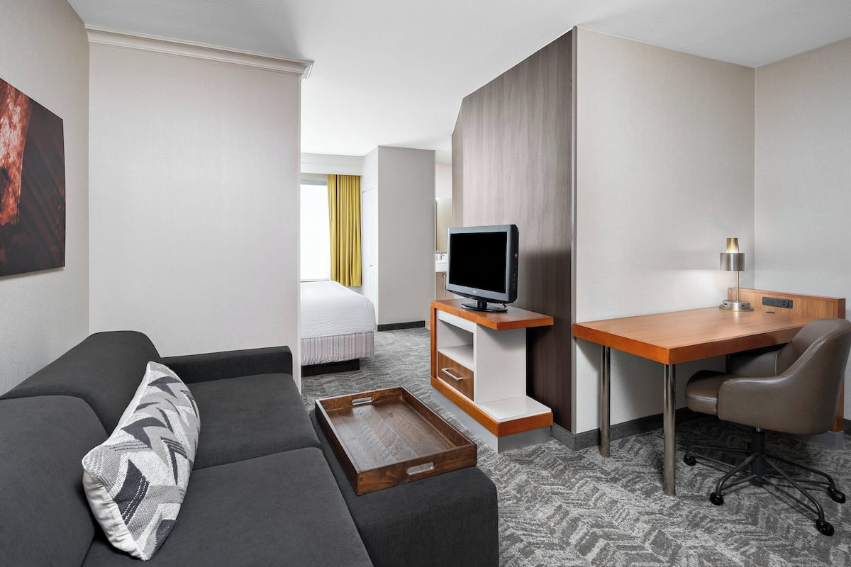 Ein Hotelzimmer mit einer Sitzecke, einem Schreibtisch mit Fernseher, einem Sessel und einem Holztablett.