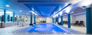 Indoor pool, seasonal outdoor pool, pool umbrellas, pool loungers