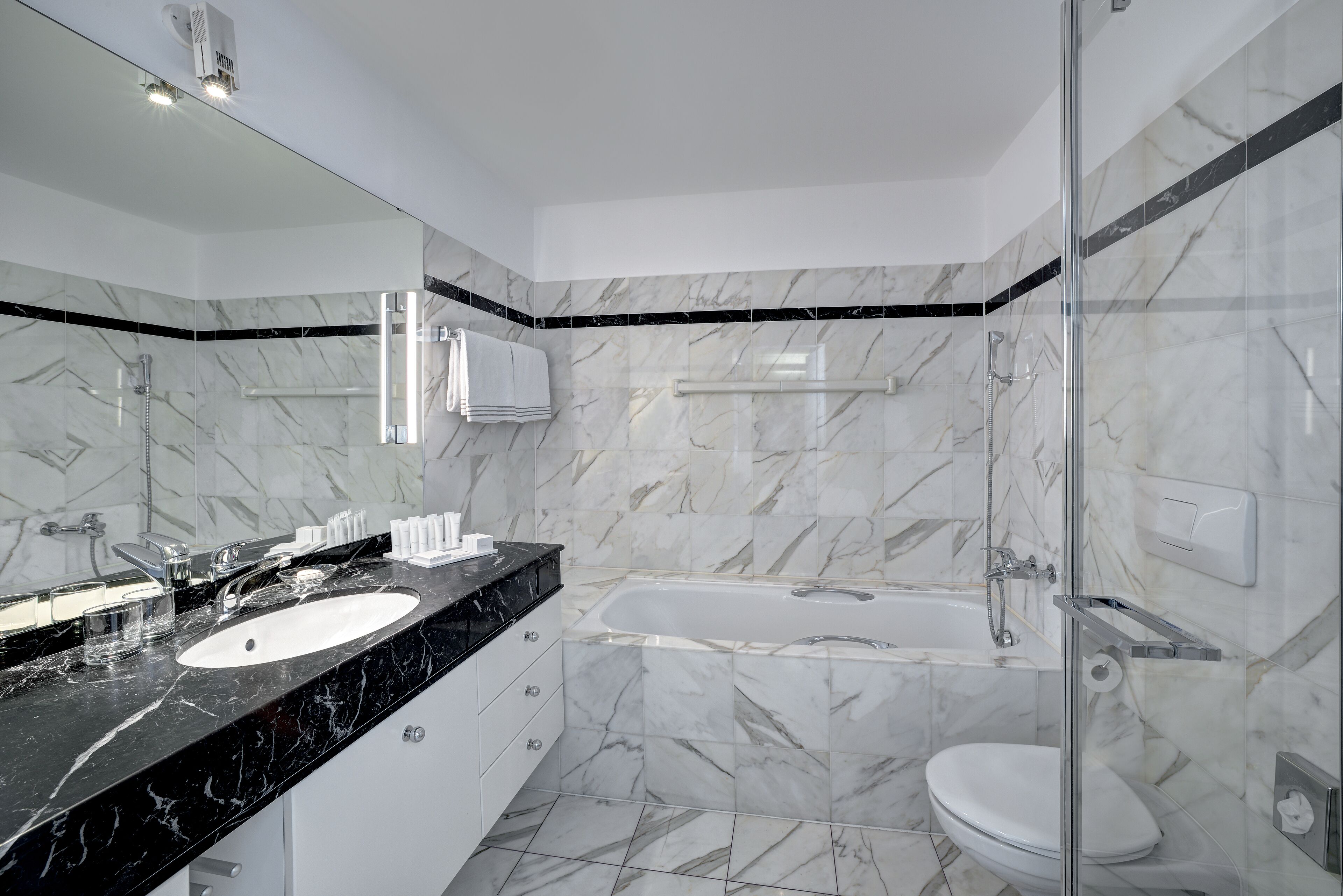 Un baño moderno con lavamanos de mármol negro, inodoro blanco y zona de ducha con mampara de cristal.