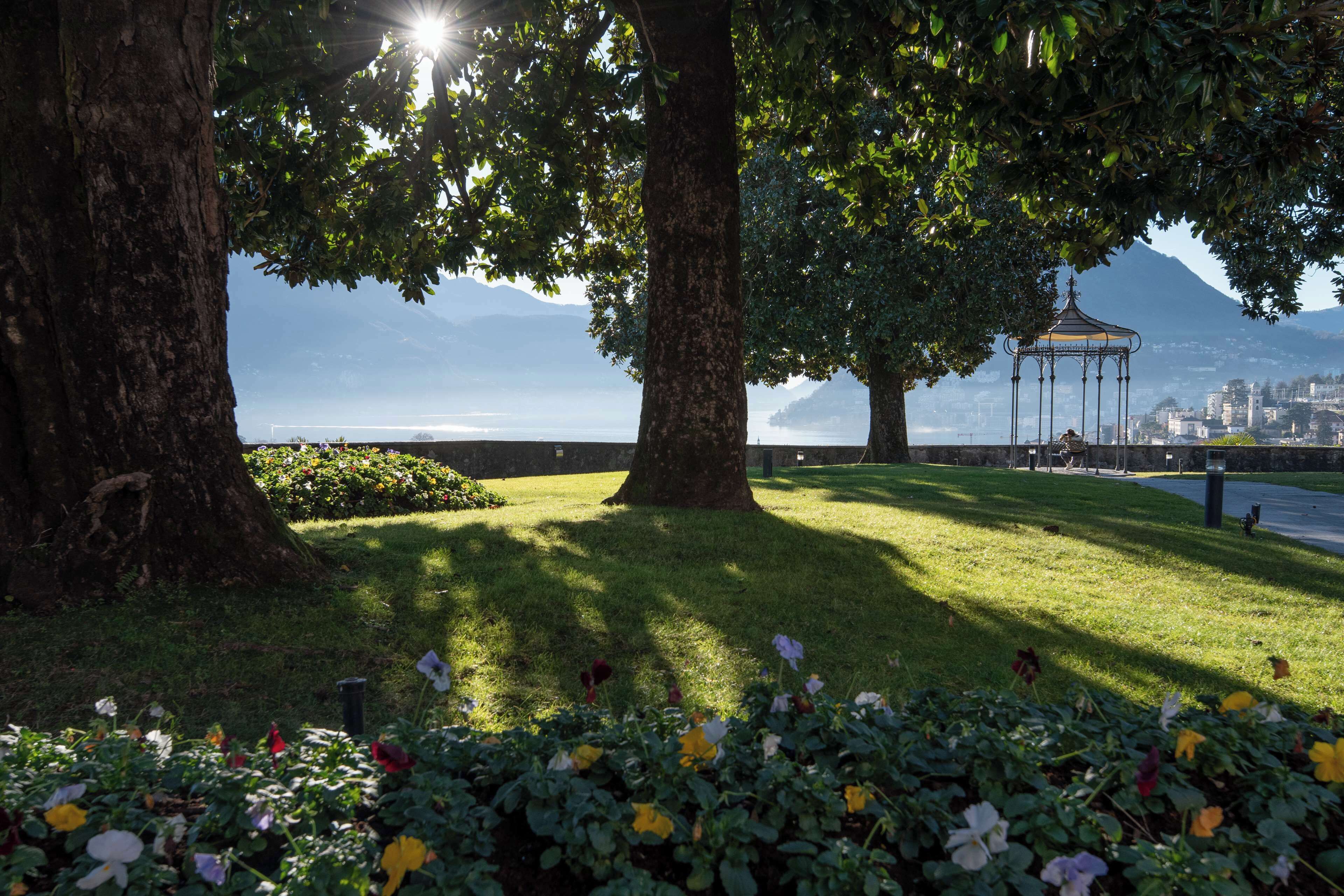 A park with large trees, a gazebo, and a view of a body of water and mountains.