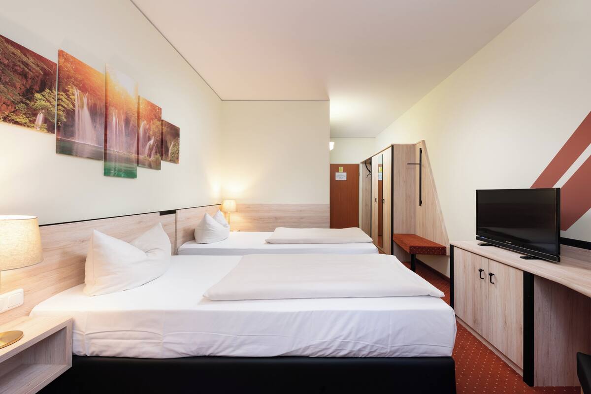 Hotelkamer met twee bedden, een televisie, een kledingkast en een muur met een schilderij van een waterval.
