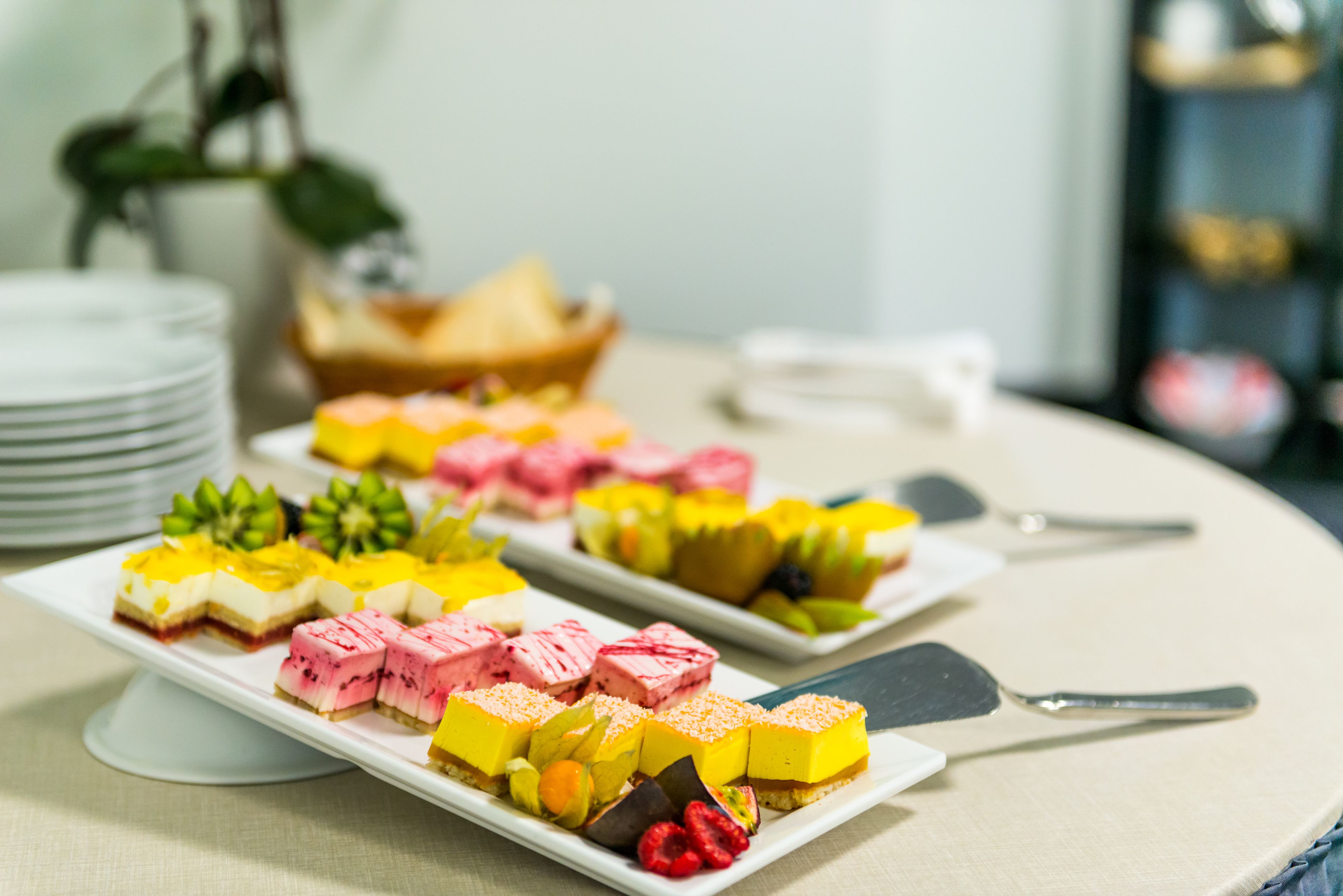Eine Dessertauslage mit verschiedenen bunten Desserts auf weißen rechteckigen Tellern.