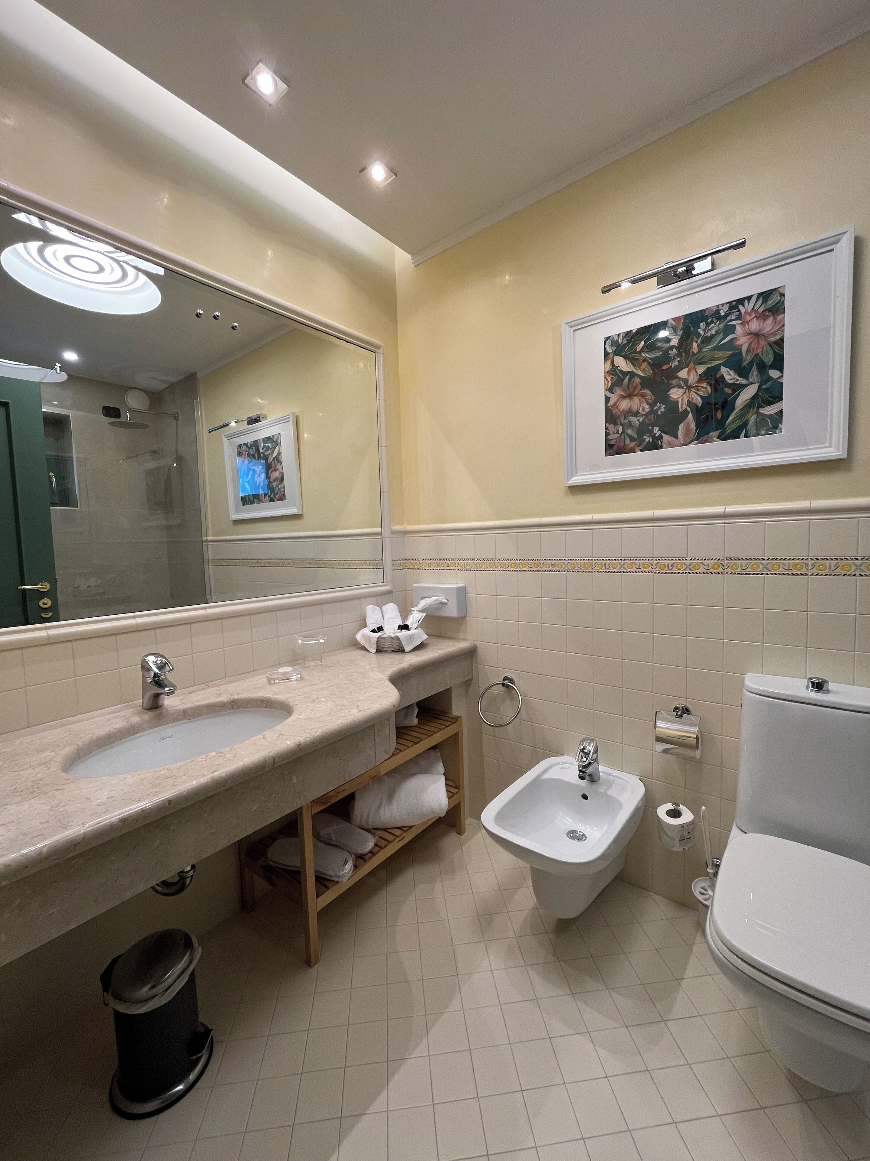 A modern bathroom with a large mirror, a sink, a bidet, and a toilet.