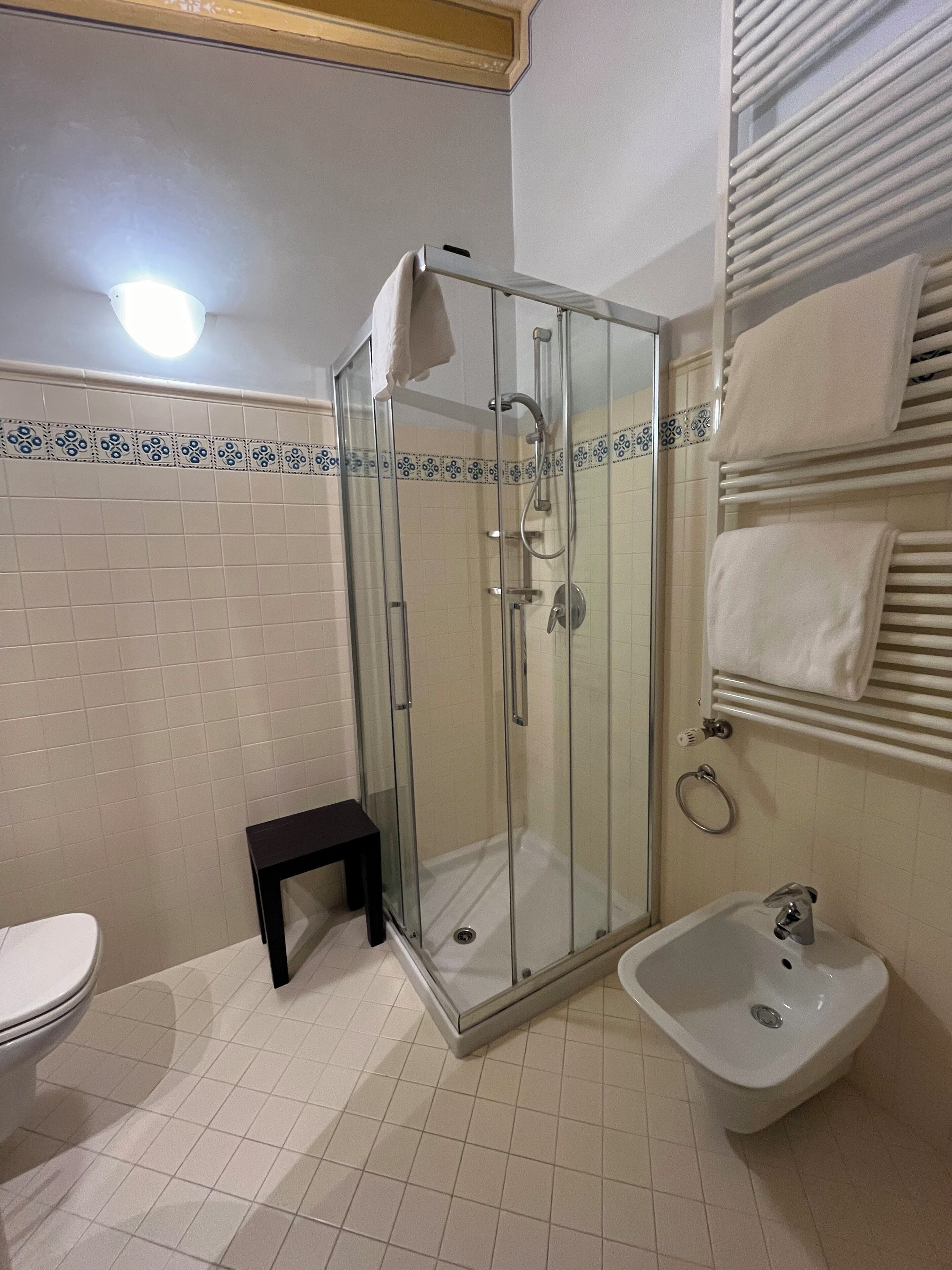 Un baño con ducha envuelta en vidrio, un lavabo e inodoro.